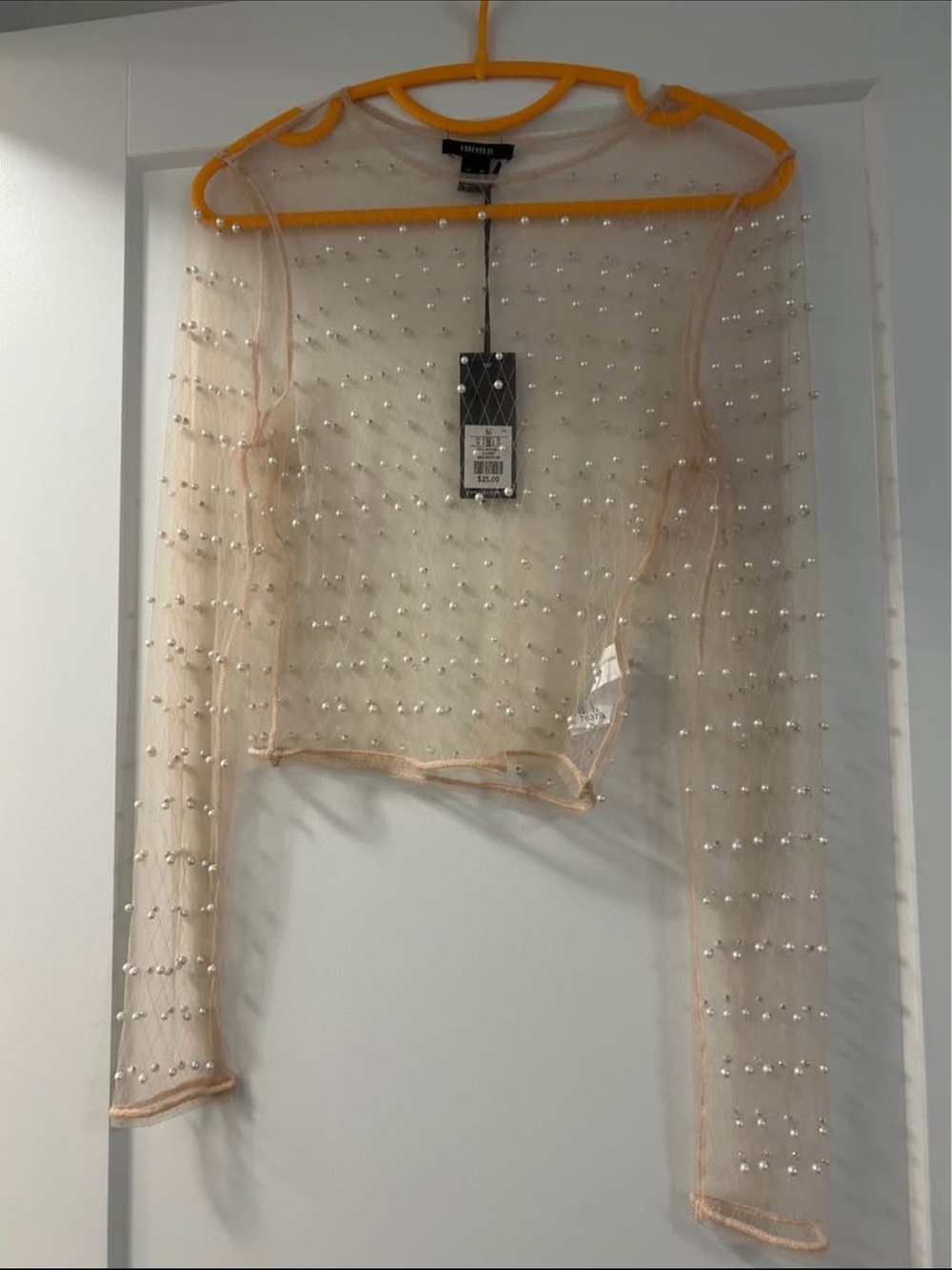 Mesh Pearl-Embellished Long Sleeve Top - Nude